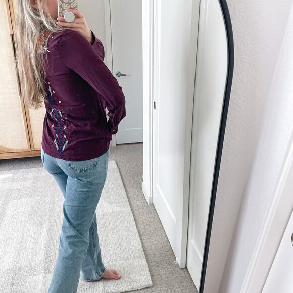 JOHNNY WAS Purple Floral Embroidered Long Sleeve Silk Top - Picture 3 of 12